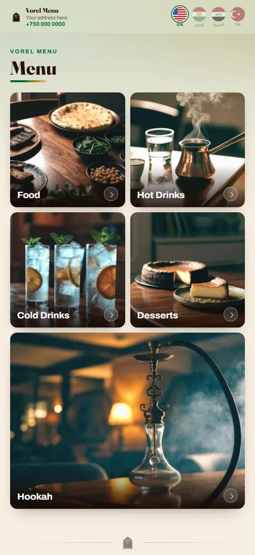 Vorel Menu — four-language QR menu system for cafés and restaurants, built by Vorel in Erbil — mobile view
