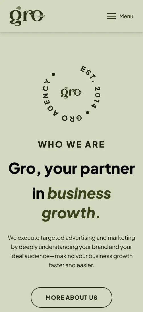 GRO Agency website — brand and advertising web design by Vorel, Erbil — mobile view