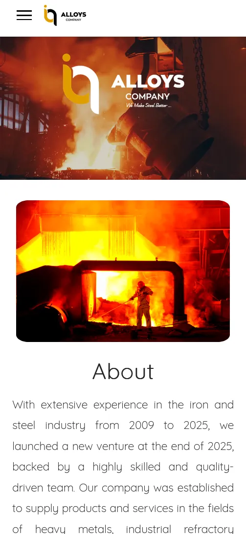 IQ Alloys website — metals industry web design by Vorel, Erbil — mobile view