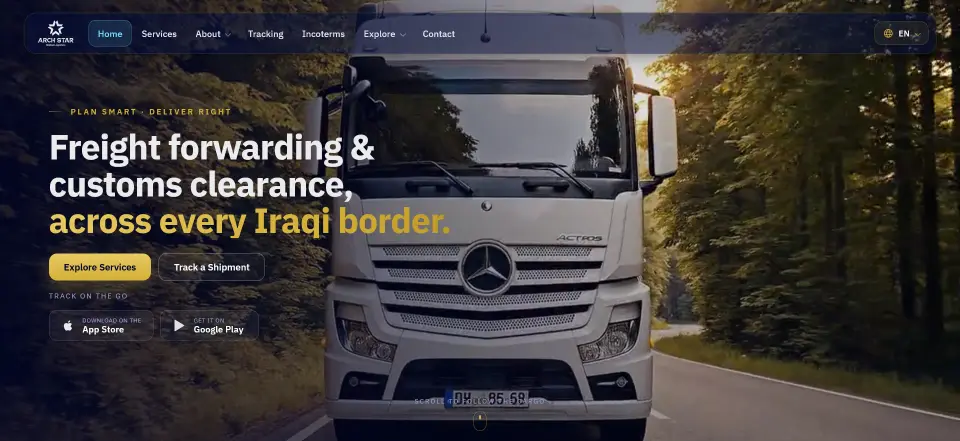 Arch Star Logistics website — 5-language global logistics web design in English, Arabic, Kurdish, Turkish and Persian by Vorel, Erbil — desktop view
