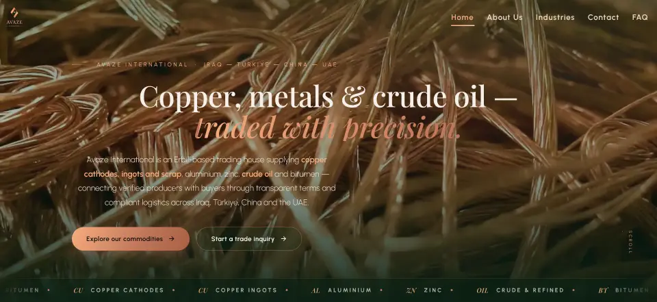 Avaze International website — fuel and metals web design by Vorel, Erbil — desktop view