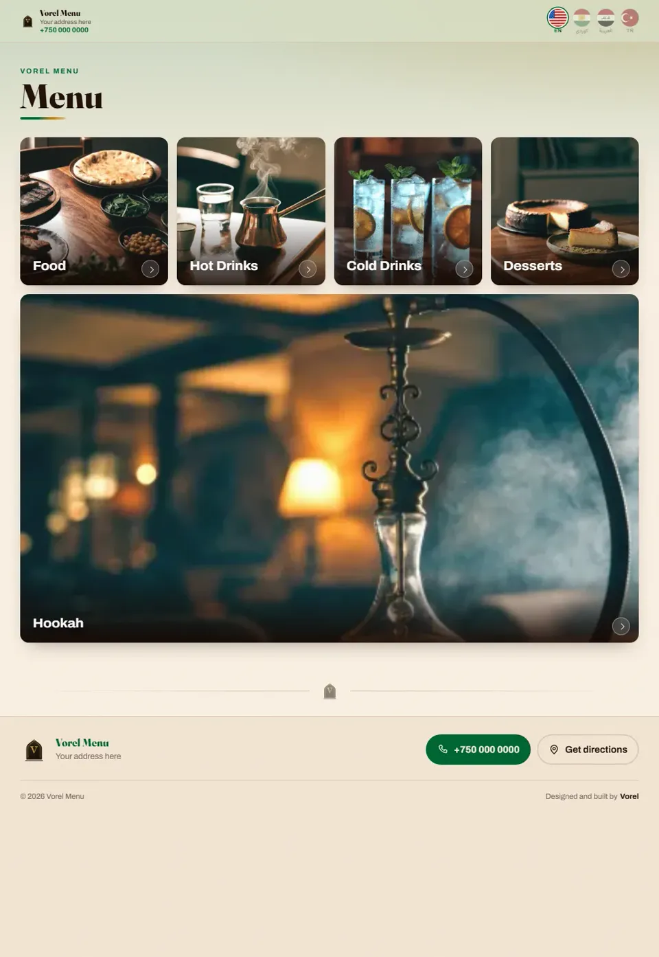 Vorel Menu — four-language QR menu system for cafés and restaurants, built by Vorel in Erbil — desktop view