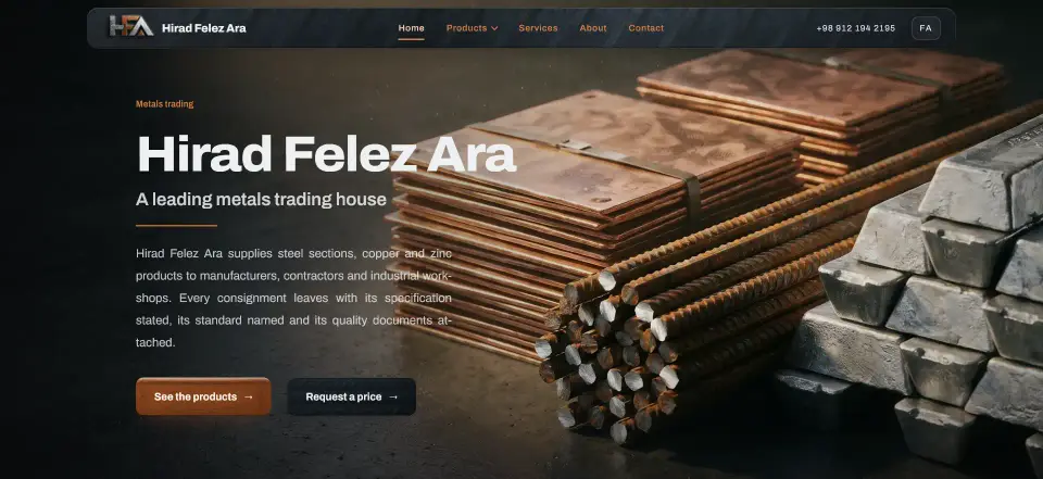 HiradMetals website — metals and steel trading web design by Vorel, Erbil