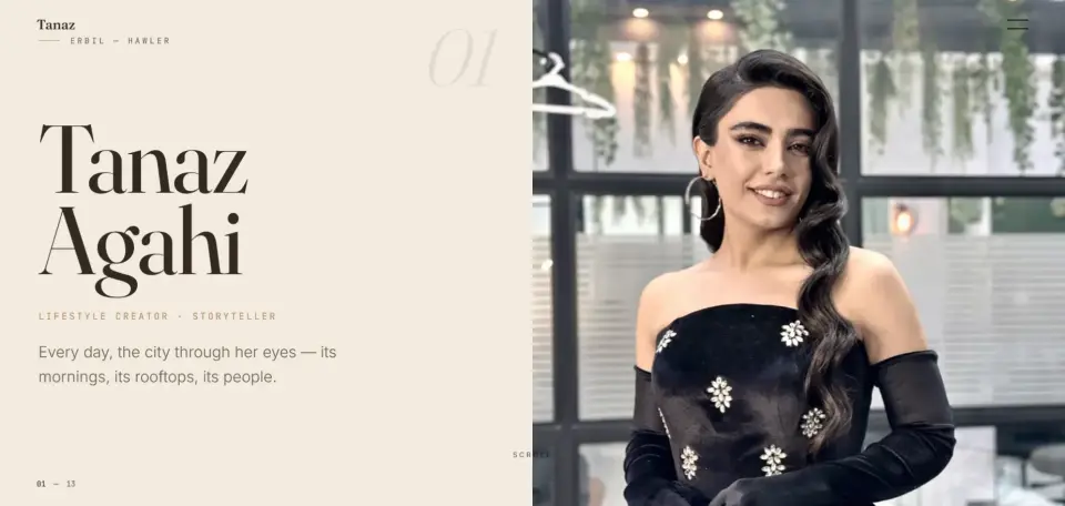 TanazAgahi website — personal brand and creator portfolio web design by Vorel, Erbil